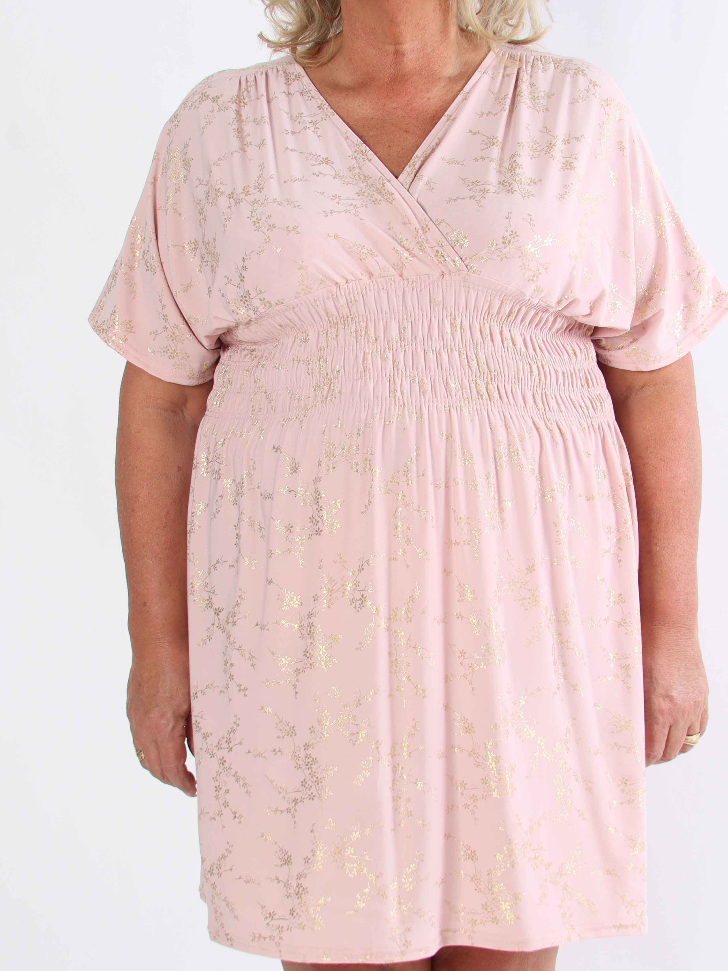Pams Gold Short - Elastisk plus size kjole detaljeret med guld blomster